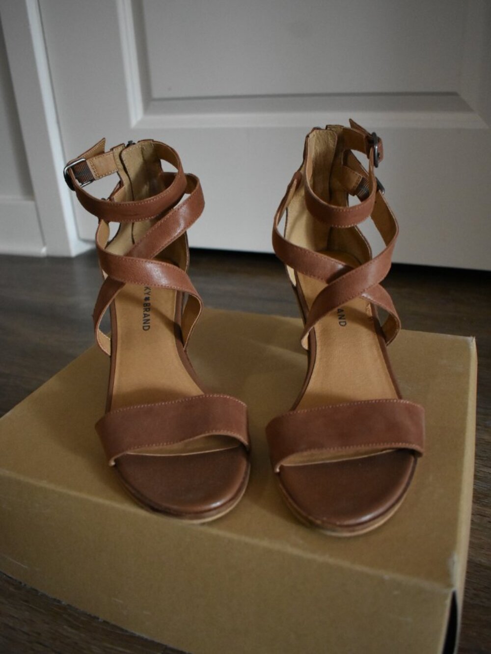 Lucky Brand Ressia Leather Double Ankle Strap Heeled Sandals